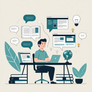 Flat design image of a writer or team working with laptops, notes, and idea icons, representing the About Us concept.