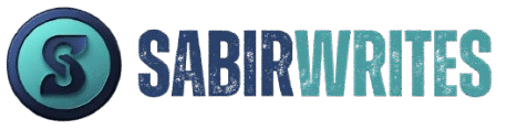 SabirWrites logo in bold modern font with blue and teal colors