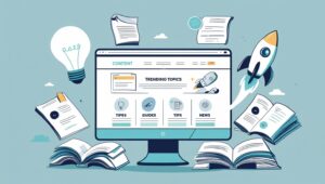 Illustration of a website homepage with content categories like trending topics, tips, guides, and news.