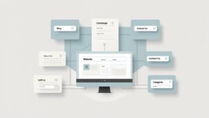 Illustration of a website sitemap with homepage, categories, and linked pages in a structured flow.