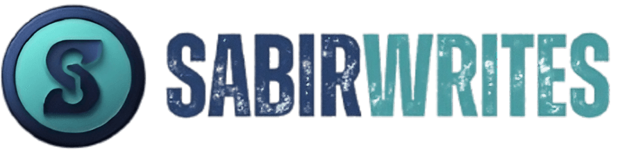 SabirWrites logo in bold modern font with blue and teal colors