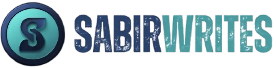 SabirWrites logo in bold modern font with blue and teal colors