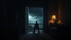 A calm indoor scene contrasted with an approaching storm outside, symbolizing comfort masking financial risk.