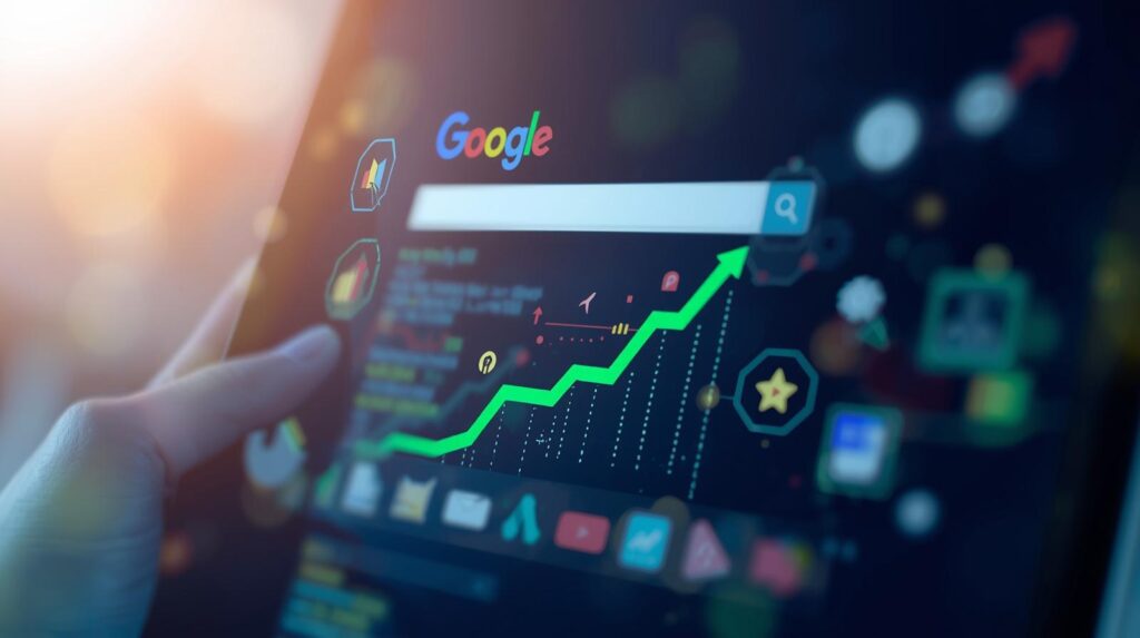 Animated SEO concept showing a website moving to the top position in Google search results with upward ranking arrows