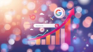 Animated illustration showing a website ranking #1 on Google search results with rising SEO analytics and keyword optimization