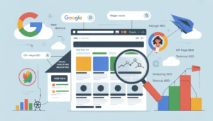 Animated infographic explaining how SEO works including crawling, indexing, ranking, and types of SEO