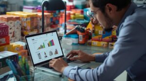 Entrepreneur researching winning products on Daraz marketplace using laptop