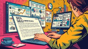 Long form SEO content writing strategy showing keyword research and article optimization workflow